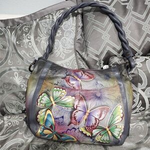 Anuschka Gray Metallic Butterfly Print Purse